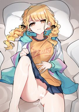 :3 absurdres after_sex after_vaginal ass_visible_through_thighs bed_sheet black_ribbon blonde_hair blue_skirt braid clothes_lift cum cum_in_pussy cumdrip female fujita_kotone gakuen_idolmaster hair_ribbon highres hood hooded_jacket idolmaster jacket knee_up long_hair looking_at_viewer lying multicolored_clothes multicolored_jacket no_panties on_back open_clothes open_jacket pillow pleated_skirt pussy ribbon sanzashizu shirt skirt skirt_lift solo twin_braids yellow_eyes yellow_shirt