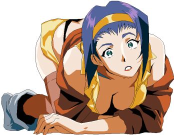 accurate_art_style cowboy_bebop faye_valentine looking_at_viewer on_all_fours purple-haired_female purple_hair