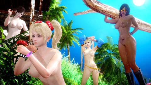3d 4girls artemisdev brazilian brazilian_female crossover dark-skinned_female dark_skin dead_or_alive female female_only juliet_starling katarina_alves lollipop_chainsaw marie_rose nude nude_female outdoors tekken tekken_7