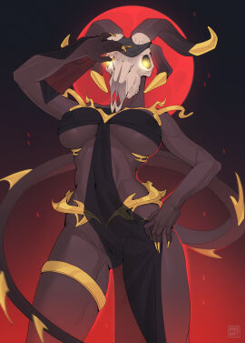 abs absurd_res ansart anthro athletic athletic_anthro big_breasts bone breasts brown_body camel_toe cameltoe canid canid_demon canine demon female genital_outline genitals gold_(metal) gold_jewelry hellhound hi_res horn jewelry low-angle_view mammal moon mythological_canine mythological_creature mythology nipple_outline nipples nude_anthro pussy pussy_outline red_background simple_background skull solo tail yellow_eyes