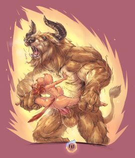 ass balls belly_bulge bouncing_breasts breasts cat_ears cat_tail faymantra female final_fantasy_xiv holding_legs huge_cock interspecies large_ass large_balls large_breasts m'ru_rahz male minotaur miqo'te monster naked_female nipples original_character penis raped_by_monster red_hair shocked_expression size_difference spread_legs tanned