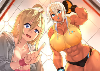 2girls abs ahoge blonde_hair blue_eyes blush boxing_gloves breasts cleavage dark-skinned_female dark_skin female female_focus large_breasts long_hair muscular muscular_female nail_polish navel oerba_yun_fang original sela_(sela_god) sela_god thick_thighs thighs toned ursula_(sela_god)