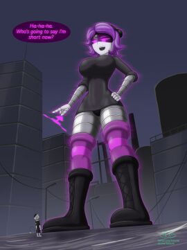 1boy 1girls 2d big_breasts breasts english_text female giantess gigantic_breasts humanoid lotosnic male murder_drones n_(murder_drones) purple_eyes purple_hair robot robot_boy robot_girl robot_humanoid screen_face smaller_male text thighhighs upskirt uzi_(murder_drones)