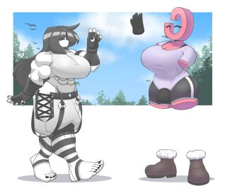 2girls abs armless barefoot big_breasts breast_outline breasts closed_eyes commission female female_focus female_only floating_hands humanoid legless marie_(tag-a-long) mime mime_girl muscular muscular_arms muscular_female muscular_legs muscular_thighs original original_art original_artwork outside pink_body swirly_(spectacles) tag-a-long waving white_body white_skin