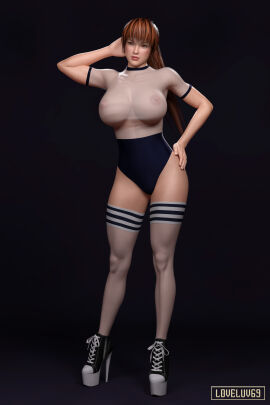 3d areolae bangs big_breasts breasts brown_eyes busty dead_or_alive erect_nipples female female_focus female_only high_heeled_sneakers hourglass_figure kasumi_(doa) large_breasts long_hair loveluv69 nipples pinup pinup_pose platform_footwear platform_heels platform_sneakers ponytail red_hair see-through see-through_clothing sports_uniform sportswear stiletto_heels tagme thighhighs uniform wide_hips
