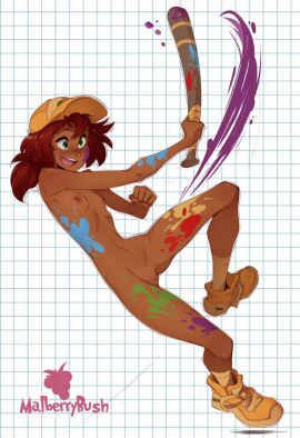 1girls artist_logo artist_name artist_signature baseball_bat baseball_cap breasts cleft_of_venus dark-skinned_female dark_skin fat_mons female female_only freckles full_body gluteal_fold green_eyes grid_background holding_baseball_bat mal_(malberrybush) malberrybush malyna medium_hair naked_footwear naked_paint navel nipples nude nude_female open_mouth original original_character paint pussy red_hair shoes simple_background skinny small_breasts smile socks solo_female splatball teeth tied_hair tomboy uncensored watermark white_background yellow_footwear yellow_headwear yellow_socks