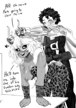 1boy 1girls ^_^ absurdres aged_up amano44 arm_support arms_up aroused ashido_mina ashido_mina_time-skip behind_another bent_over blush bodysuit boku_no_hero_academia boku_no_hero_academia_(finale) breasts breasts_out cape closed_eyes clothed_sex dark-skinned_female dark_nipples dark_skin english_text excited eye_mask female femsub freckles grey_hair happy_sex heart heart-shaped_pupils hero_outfit_(mha) highres horn_grab horns implied_sex izuku_midoriya long_hair looking_pleasured male mask midoriya_izuku mina_ashido mina_ashido_time-skip monochrome my_hero_academia my_hero_academia_(finale) nipples one_breast_out outstretched_arms post-timeskip pussy saliva sex sex_from_behind short_hair smile standing standing_sex stomach_bulge straight superheroine sweat symbol-shaped_pupils torn_bodysuit torn_clothes vaginal_penetration vest