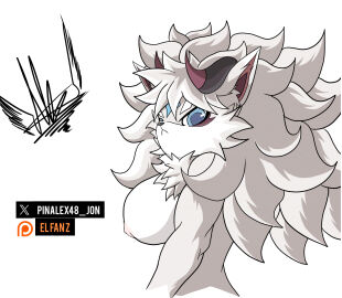 1girls 4_fingers 4_toes big_breasts blue_eyes blush blush_lines breasts canid canine canis cleavage digital_art digital_drawing_(artwork) digitigrade fan_character fangs feet female feral finger fingering fur furry furry_ass furry_ears furry_female furry_only furry_tail looking_back lying mammal nipples on_side pawpads quadruped rear seductive solo toes white_background white_fur white_hair wolf wolf_ears wolf_girl wolf_humanoid