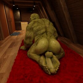 ass autlizard carpet feet feet_on_penis foot_fetish green_body green_skin humanoid inside lying male male_only nude on_ground orc orc_male penis slightly_chubby solo throh'gar_glutesplitter