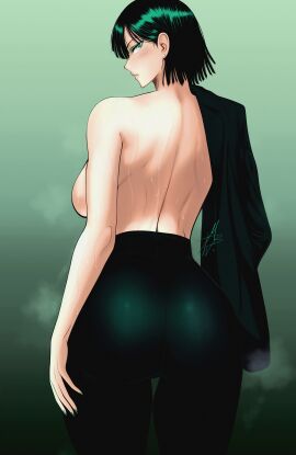1girls ass ass_focus back back_view bare_arms bare_back bare_shoulders big_ass big_breasts big_butt blush breasts clothed clothing color female female_focus female_only fubuki_(one-punch_man) green_eyes green_hair hi_res large_breasts light-skinned_female light_skin looking_at_viewer looking_back mostlybluewyatt one-punch_man short_hair solo solo_female sweat tagme thick_thighs