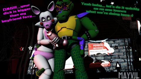 3d 3d_(artwork) 3d_model big_penis canine_penis cheating_girlfriend crocodile female five_nights_at_freddy's five_nights_at_freddy's:_security_breach five_nights_at_freddy's_2 fox jerking male mangle_(fnaf) mayvil mayvil_(artist) montgomery_gator_(fnaf) penis prisma3d robot_anthro robot_on_robot straight text touching_ass