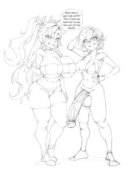 1futa 1girls balls belle_(zenless_zone_zero) big_breasts big_penis bikini breasts clothed clothing dialogue duo english_text erection female futanari huge_breasts huge_cock huge_penis human imminent_sex intersex long_hair long_penis makinakid monochrome mostly_nude nicole_demara penis penis_awe short_hair standing text twintails uncensored zenless_zone_zero