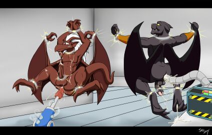 anal anal_sex anthro ass black_body black_fur bodily_fluids bondage bound bracelet brooklyn_(gargoyles) collar cum cum_while_penetrated digital_media_(artwork) dildo dildo_in_ass dildo_insertion disney duo ejaculation electricity electrostimulation embarrassed felid fucking_machine fur gargoyle gargoyles gay genital_fluids hi_res horn humanoid_pointy_ears ian_r_soulfox jewelry machine male male_only mammal membrane_(anatomy) membranous_wings naked nude object_in_ass pantherine penetration red_body scalie sex_machine sex_toy sex_toy_in_ass sex_toy_insertion shock_anklet shock_collar tail talon_(gargoyles) white_hair wings