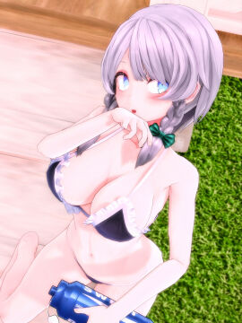 1girls 2023 3d bikini bird's-eye_view black_bikini blue_eyes embodiment_of_scarlet_devil female frilled_bikini frills grass human kneeling light-skinned_female light_skin mmd outdoors sakuya_izayoi solo_female solo_focus stairs swimsuit teal_bowtie touhou water_cooler white-haired_female white_hair yabuinu_mmder