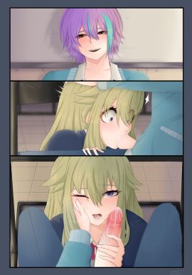 1boy 1girls blowjob blush blush_lines classroom cum_in_mouth cum_on_penis female hand_on_head hand_on_penis holding_face kamishiro_rui kusanagi_nene looking_at_another looking_down looking_up male male/female panting penis project_sekai pushing_down school_uniform schoolboy schoolgirl sitting straight straight_sex sucking_penis under_the_table uniform