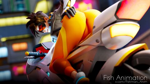 1girls 3d 3d_(artwork) ass ass_focus ass_grab big_ass bike brown_hair clothed clothing female female_focus female_only fish_animation grabbing_own_ass highres looking_at_viewer looking_back overwatch overwatch_2 short_hair tracer tracer_(overwatch_2_suit) very_short_hair