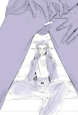 2boys anal_fingering anal_fluid antenna_hair balls bar_censor barefoot blush bone_necklace censored commentary_request couple dragon_quest dragon_quest_builders_2 ear_blush fangs fingering from_behind from_below high-waist_pants highres jewelry limited_palette long_hair looking_at_another male male_builder_(dqb2) male_focus malroth_(dqb2) matudairaks multiple_boys multiple_males necklace open_clothes open_mouth open_shirt pants red_eyes sharp_toenails skull_belt slit_pupils spread_legs striped_clothes striped_pants sweat testicles toenails toned toned_male tooth_necklace v-shaped_eyebrows very_long_hair voyeurism yaoi