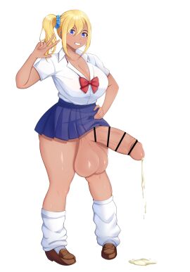 balls big_balls big_breasts big_penis blonde_hair breasts censored dark-skinned_female dark_skin female futanari gyaru huge_balls huge_cock intersex large_balls large_penis original penis school_uniform solo teenager yak1_ura