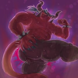 ssatoh abs ass_focus ass_grab asshole black_body blue_eyebrows blue_hair flexing flexing_bicep horns nails nipples purple_eyes red_body sega slit sonic_(series) sonic_the_hedgehog_(series) spikes sweat sweatdrop sweating sweaty_ass sweaty_butt tail teasing yellow_eyes zavok
