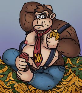 anthro ape balls banana belly big_penis clothing cosmic51moon donkey_kong donkey_kong_(character) donkey_kong_(series) donkey_kong_bananza eating food foreskin fruit genitals gorilla haplorhine hi_res humanoid male male_only mammal masturbation musclegut muscular necktie nintendo nipples overalls overweight overweight_anthro overweight_male penis plant primate shirtless_male sitting slightly_chubby solo uncircumcised