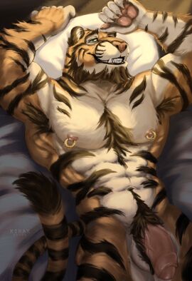 absurd_res anthro balls beard body_hair chest_hair d facial_hair felid feline foreskin fur furry genitals green_eyes hairy_scrotum hi_res kiraxdraws light male mammal muscular nipple_piercing nipples orange_body pantherine pawpads penis piercing scrotum scrotum_pull smile solo stripes sunlight tail tiger torso uncircumcised