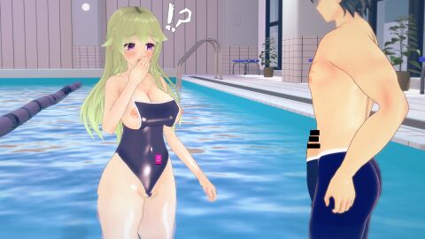 1boy 1girls 3d big_breasts big_penis breasts busty censored covered_navel covering_mouth eiyuu_densetsu erection female green_hair large_breasts legs long_hair male musse_egret nipple_slip nipples one-piece_swimsuit open_mouth penis penis_awe pointless_censoring pool rean_schwarzer shorts surprised swimsuit thighs trails_of_cold_steel voluptuous water wet