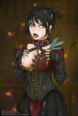 1girls 2d big_breasts black_hair breasts cum cum_everywhere cum_on_breasts cum_on_face dragon_age dragon_age_origins dress female female_only image_set kef34 morrigan_(dragon_age) shocked shocked_expression short_hair solo solo_female yellow_eyes