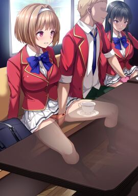 1boy 2girls advanced_nurturing_high_school_uniform bangs beret black_hair black_pants blazer blonde_hair blue_necktie bow bow_panties breasts classroom_of_the_elite clenched_teeth closed_mouth collared_shirt daiaru double_fingering faceless faceless_male female fingering fingering_through_clothes fingering_through_panties groin hand_in_another's_panties hand_in_panties horikita_suzune indoors jacket kushida_kikyou light_blush long_hair long_sleeves male motion_lines multiple_females multiple_girls necktie orange_panties panties pants pink_eyes pink_panties pleated_skirt public_indecency pussy red_eyes red_jacket red_ribbon ribbon school_uniform shirt short_hair sitting skirt skirt_lift smile spread_legs stealth_fingering straight table through_clothes under_the_table underwear white_shirt white_skirt white_thighhighs youkoso_jitsuryoku_shijou_shugi_no_kyoushitsu_e