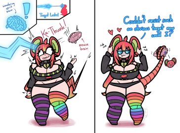 2024 anthro big_breasts blue_eyes brain brain_removal brain_swap breasts comic comic_page comic_panel comic_strip dialogue digital_media_(artwork) eagle_bacon ear_penetration female large_breasts marcy_(mousewife) mouse_ears mouse_girl mouse_tail possessed possession rainbow red_hair self_upload shoulderless shoulderless_clothing shoulderless_sweater shoulderless_topwear simple_background sweater tail tail_grab takeover text thick_thighs thigh_highs thighhighs thighs white_background