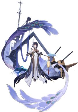 azur_lane bare_shoulders bird black_background black_gloves black_hair black_thighhighs bodystocking breasts cannon cg chen_hai_(azur_lane) chen_hai_(retrofit)_(azur_lane) cleavage detached_sleeves dress elbow_gloves female full_body gloves hair_ornament holding holding_lantern lantern large_breasts long_hair looking_at_viewer official_art pelvic_curtain rigging see-through simple_background solo standing thighhighs turret white_dress