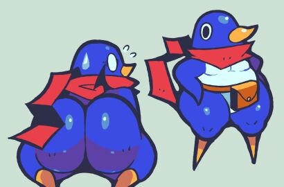 ass beak belt berryofmalice blue_body disgaea hero_prinny nippon_ichi_software penguin prinny scarf shiny shiny_ass shiny_butt shiny_skin suprised suprised_look sweat sweatdrop