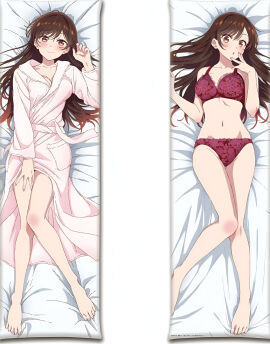 bare_arms bare_belly bare_legs bare_shoulders bare_thighs barefoot bathrobe bed_sheet belly_button big_breasts blush body_blush bra breasts brown_eyes brown_hair cleavage collarbone dakimakura dakimakura_design feet female hand_on_thigh kanojo_okarishimasu knee_blush long_hair lying mizuhara_chizuru mouth_closed official_art open_mouth panties purple_bra purple_panties purple_underwear smile thighs toes underwear underwear_only