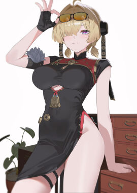 blonde_female blonde_hair breasts china_dress female female_only hips leaning_back leaning_on_object no_panties nvl smug sunglasses sweety_(zenless_zone_zero) white_background zenless_zone_zero