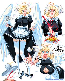 1girls angel angel_wings blonde_hair blue_eyes breasts button_down_shirt button_pop cleavage clumsy english_text failgirl feathers female female_focus female_only gabi_(snegovski) garter_straps girlfailure inconvenient_breasts ketchup ketchup_bottle large_breasts lifting_skirt maid maid_headdress maid_uniform nosebleed skirt slim snegovski text wardrobe_malfunction
