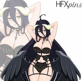 albedo_(overlord) black_hair black_wings demon devil_horns female hfxpins lingerie overlord_(maruyama) succubus