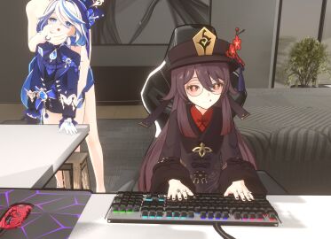 1boy 2girls 3d bed bedroom blue_eyes blue_hair breasts brown_hair cheating circular_glasses clothed_sex computer computer_keyboard computer_mouse cuckquean desk female furina_(genshin_impact) genshin_impact glasses grabbing_face hat highres hu_tao_(genshin_impact) keyboard male moaning nude petite plant playing pleasure_face red_eyes sex sex_from_behind small_breasts smile standing_doggy_style taken_from_behind webcam white_hair