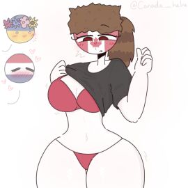 1boy 2girls ass big_ass big_breasts black_shirt blush breasts canada_(countryhumans) countryballs countryhumans countryhumans_girl female looking_down male netherlands_(countryhumans) pulled_up_shirt red_bra red_eyes red_panties red_underwear semi_nude thick_thighs ukraine_(countryhumans) white_body white_skin xx.canada.xx