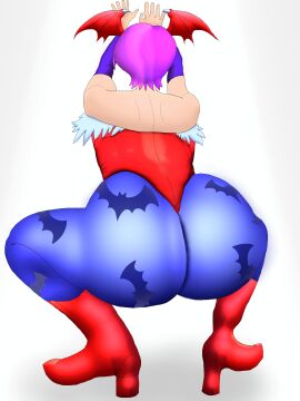 1girls armwear ass ass_focus big_ass capcom darkstalkers demon female from_behind huge_ass leggings leotard lilith_aensland purple_hair sketchcolor squatting succubus thick thick_ass thick_thighs wink