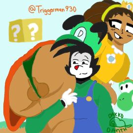 1boy 1femboy 2boys ass ass_focus balls bubble_ass bubble_butt cosplay cosplay_alien dakko_(dakkodanth) dakkodanth fanart fat_ass grabbing jaycee_(triggerman930) luigi_(cosplay) male mario_(series) princess_daisy_(cosplay) super_mario_world yoshi