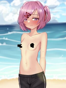 1girls bare_shoulders beach breasts censored censored_nipples collarbone doki_doki_literature_club embarrassed embarrassed_naked_female embarrassed_nude_female enf female male male_swimwear_challenge mhmundead miham_moni naked natsuki_(doki_doki_literature_club) navel nude oham_yuri pink_eyes pink_hair sand shorts sky water