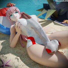 1futa 3d autopaizuri autopaizuri_under_clothes beach beach_background beach_ball big_breasts big_penis bulge bulge_through_clothing darling_in_the_franxx futa_only futanari green_eyes horns one_piece_swimsuit penis pink_hair quadraticsfm swimsuit tagme tight_clothing zero_two_(darling_in_the_franxx)