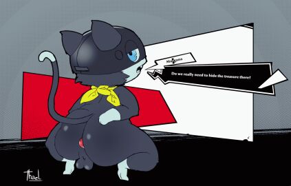 abstract_background anal_plug animated anthro ass balls big_ass big_butt buttplug dark_body dark_fur domestic_cat felid feline felis fur genitals hand_on_ass hand_on_butt hi_res looking_at_viewer looking_back male male_focus male_only mammal morgana_(persona) persona persona_(series) persona_5 plug_(sex_toy) rear_view sex_toy short_stack solo solo_male speech_bubble spread_ass spread_butt spreading teapot_(body_type) text thael thick_thighs wide_hips