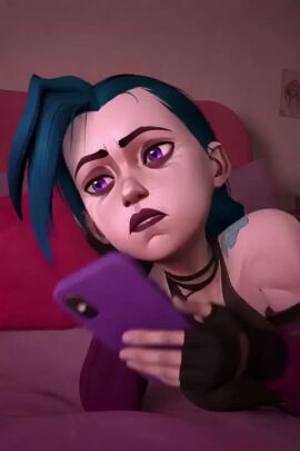ai_generated annoyed arcane arcane_jinx dark-skinned_male jinx_(arcane) jinxed_xp lying_on_bed mp4 penis_on_face penis_on_head tagme texting video