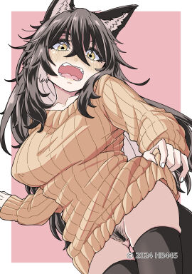 afolo animal_ears ass_visible_through_thighs bar_censor black_hair black_thighhighs blush bottomless breasts brown_sweater censored clothes_lift cowboy_shot dated female female_pubic_hair hair_between_eyes highres large_breasts long_hair long_sleeves open_mouth original pubic_hair pussy ribbed_sweater skindentation solo sweater sweater_lift tail thighhighs wolf_ears wolf_girl wolf_tail yellow_eyes