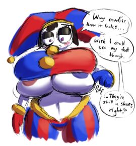 1girls areolae belly belly_button big_breasts breasts clothes clothing clown clown_girl clown_makeup crude-iba dialogue english_text female glitch_productions gloves gooseworx jester jester_costume jester_hat jester_outfit navel nipples partially_visible_areolae partially_visible_nipples pomni_(the_amazing_digital_circus) speech_bubble text the_amazing_digital_circus thick tight_clothes tight_clothing tight_fit underboob