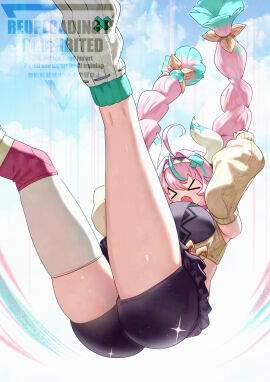 1girls >_< absurdres ahoge aqua_hair ass bare_shoulders black_shorts braid breasts cow_horns detached_sleeves falling female genshin_impact highres hip_attack horns large_breasts long_hair miniskirt multicolored_hair open_mouth pink_hair short_shorts shorts single_thighhigh skirt solo thick_thighs thighhighs thighs twin_braids uenoryoma varesa_(genshin_impact) very_long_hair watermark