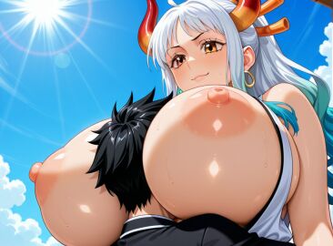 age_difference ai_generated areolae big_breasts blush breasts breasts_out enormous_breasts female gay huge_breasts kimono male mature_female monkey_d_luffy one_piece smile yamato_(one_piece)