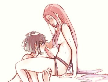 2girls alien_stage black_hair breasts completely_nude dildo earrings female hair_grab hickey licking_dildo long_hair mizi_(alien_stage) nude nude_female pink_hair purple_eyes short_hair sitting strap-on strap_on_fellatio strapon sua_(alien_stage) suallied yellow_eyes yuri