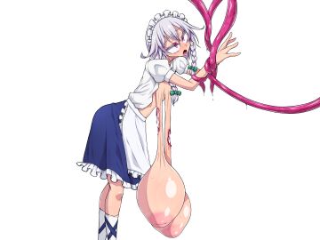 apron blue_skirt bow braid breasts commentary_request cross-laced_clothes cross-laced_legwear drooling ero_guro female frilled_apron frilled_skirt frills gore green_bow grey_hair guro hairbow hanging_breasts highres huge_breasts inverted_nipples izayoi_sakuya large_areolae leaning_forward maid_headdress mouth_drool nipples open_clothes open_mouth open_shirt puffy_short_sleeves puffy_sleeves purple_eyes restrained sagging_breasts shiny_skin shirt short_hair short_sleeves skirt socks sweat tentacle torn_skin touhou tsukuri-amari twin_braids white_apron white_background white_shirt white_socks