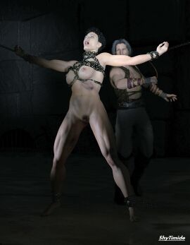 1boy 1girls 3d artist_name bondage bound bound_ankles bound_wrists clothed_male_nude_female completely_nude female male muscular muscular_female nude nude_female original shytimide whip whipping